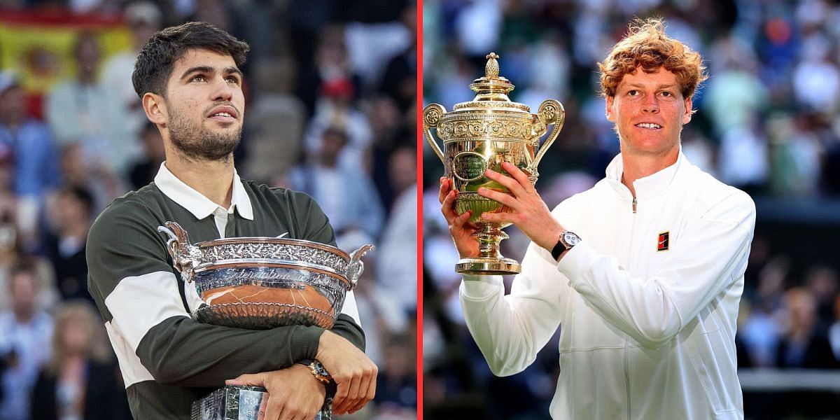 Carlos Alcaraz with the French Open trophy (left), Jannik Sinner with the Wimbledon trophy (right), Sources: Getty