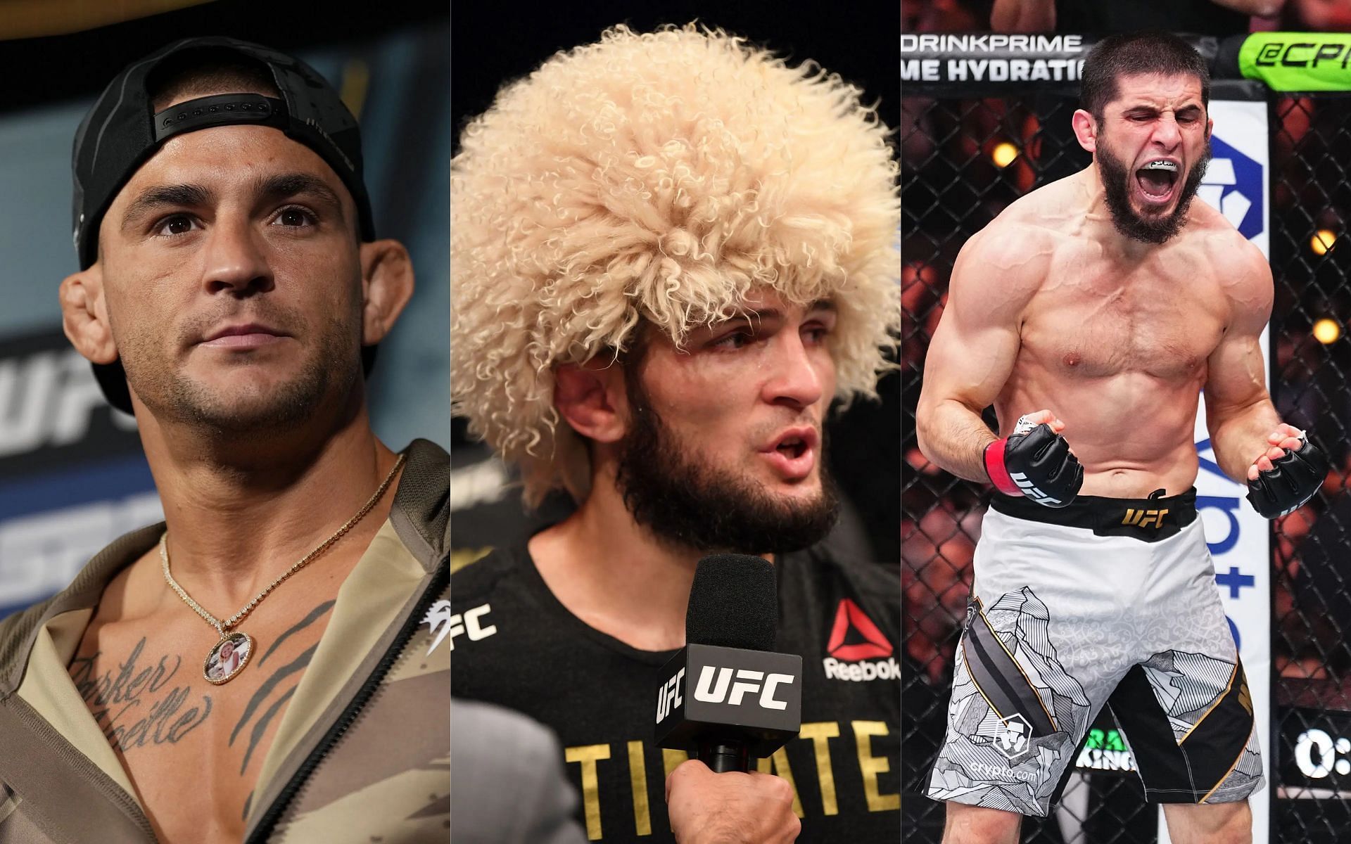 Dustin Poirier (left) recalls nearly teaming up with Khabib Nurmagomedov (middle) and Islam Makhachev (right). [Images courtesy: Getty Images]