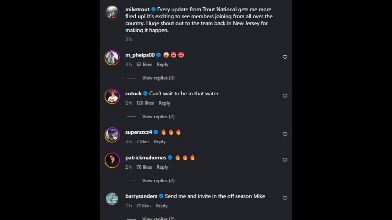 Screenshot of Michael Phelps, Patrick Mahomes and Barry Sanders&#039; comments on Mike Trout&#039;s Instagram post (Image from - Instagram.com/@miketrout)