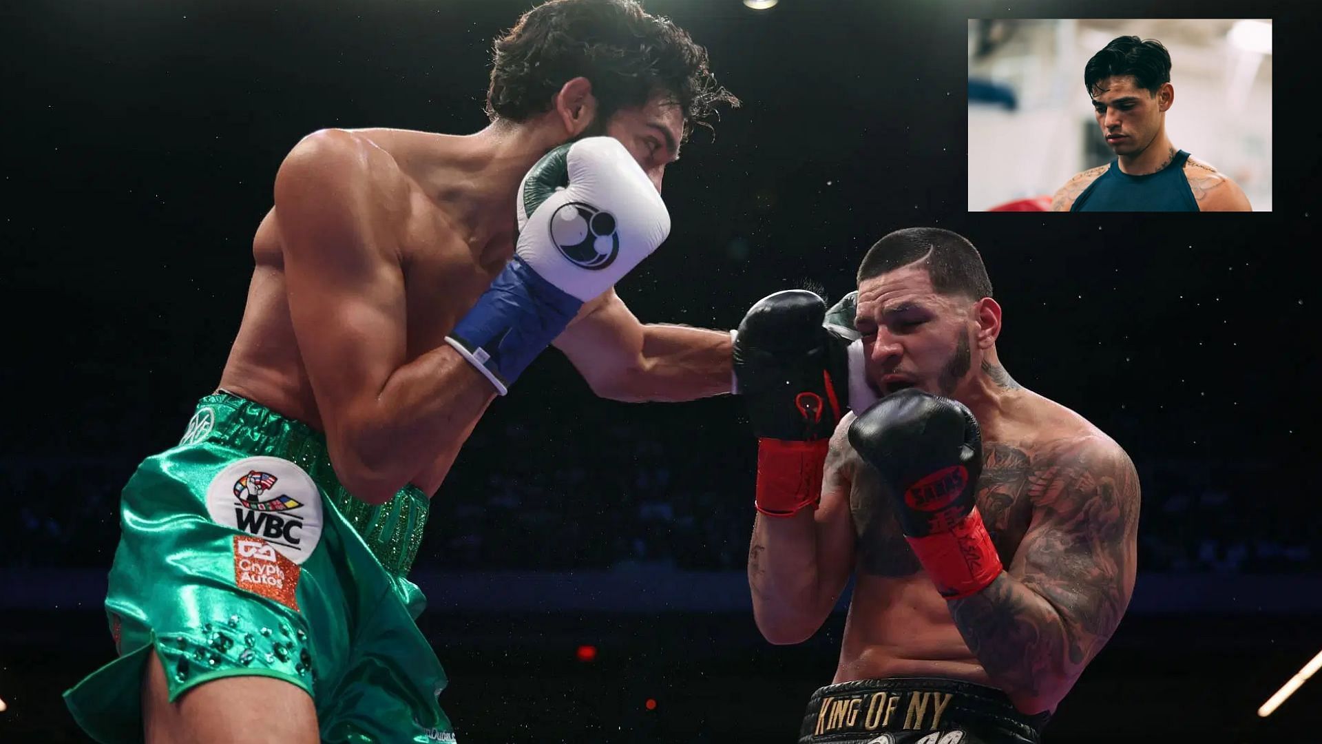 Ryan Garcia (inset) and the boxing world reacts after Hamzah Sheeraz (left) delivers vicious KO over Edgar Berlanga (right). [Images courtesy: Getty Images, @kingryan on Instagram]
