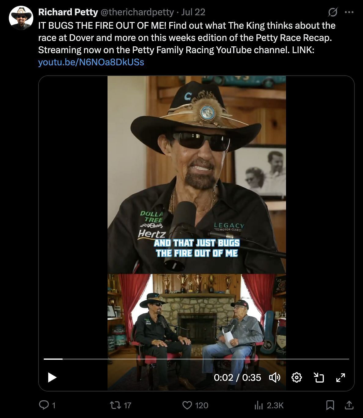 Richard Petty&#039;s race recap of the Autotrader Echopark Automotive 400. Source: X/therichardpetty