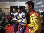 Joey Logano, Chase Elliott, and Denny Hamlin during the 2024 Daytona 500 Media Day. Source: Imagn