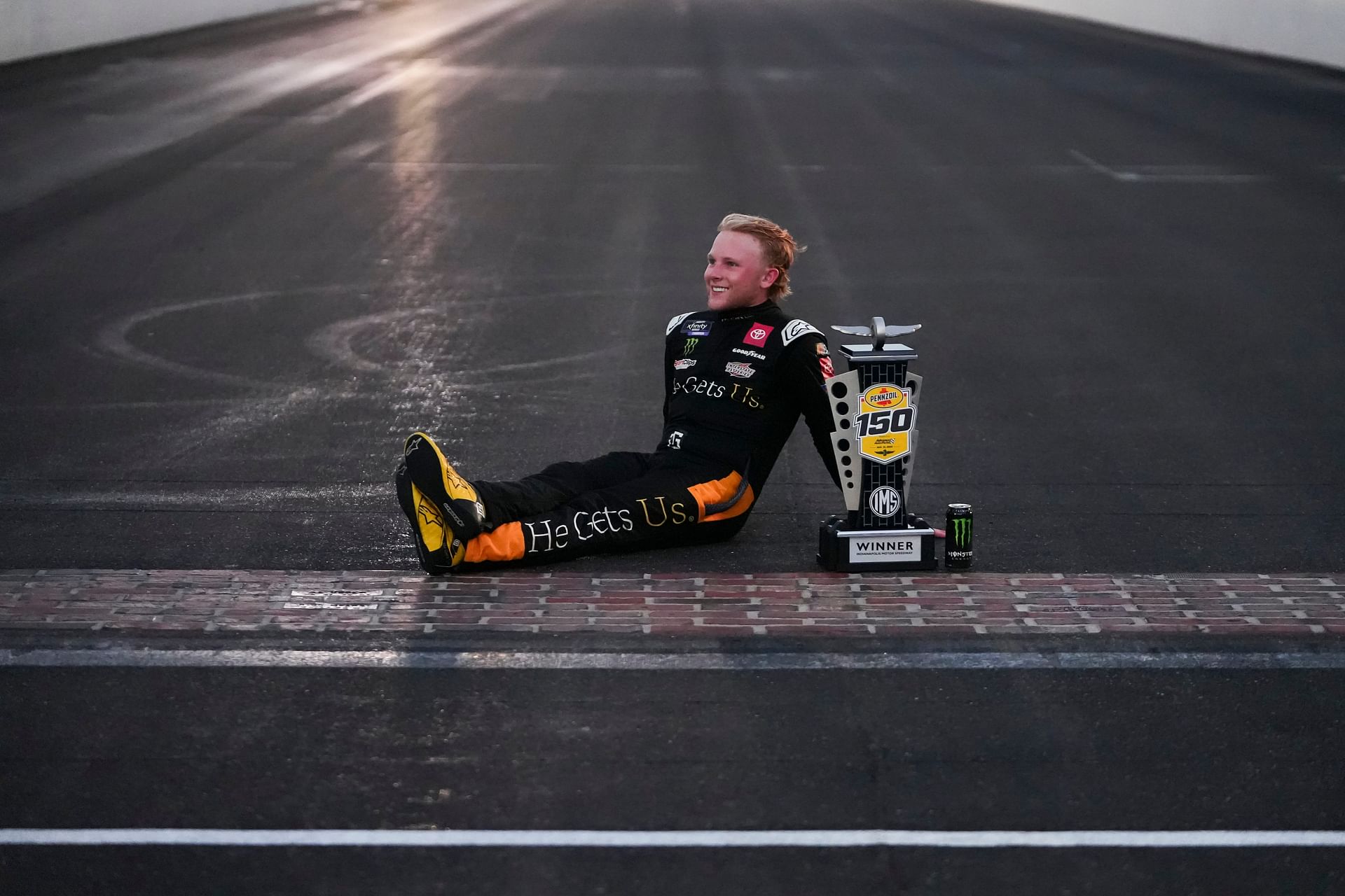 Ty Gibbs on the yard of bricks following his win in the 2023 NASCAR Xfinity Series Pennzoil 150. Source: Imagn