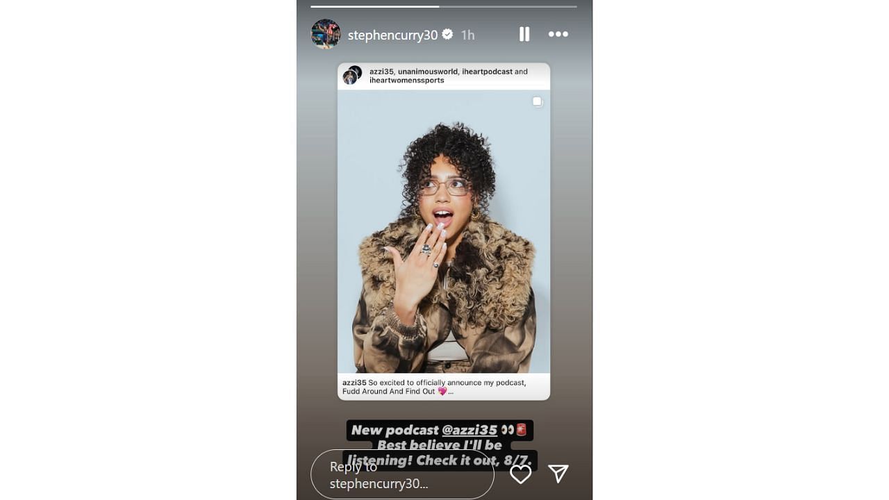 Steph Curry hypes Azzi Fudd&#039;s podcast on Instagram. [photo: @stephencurry30/IG]
