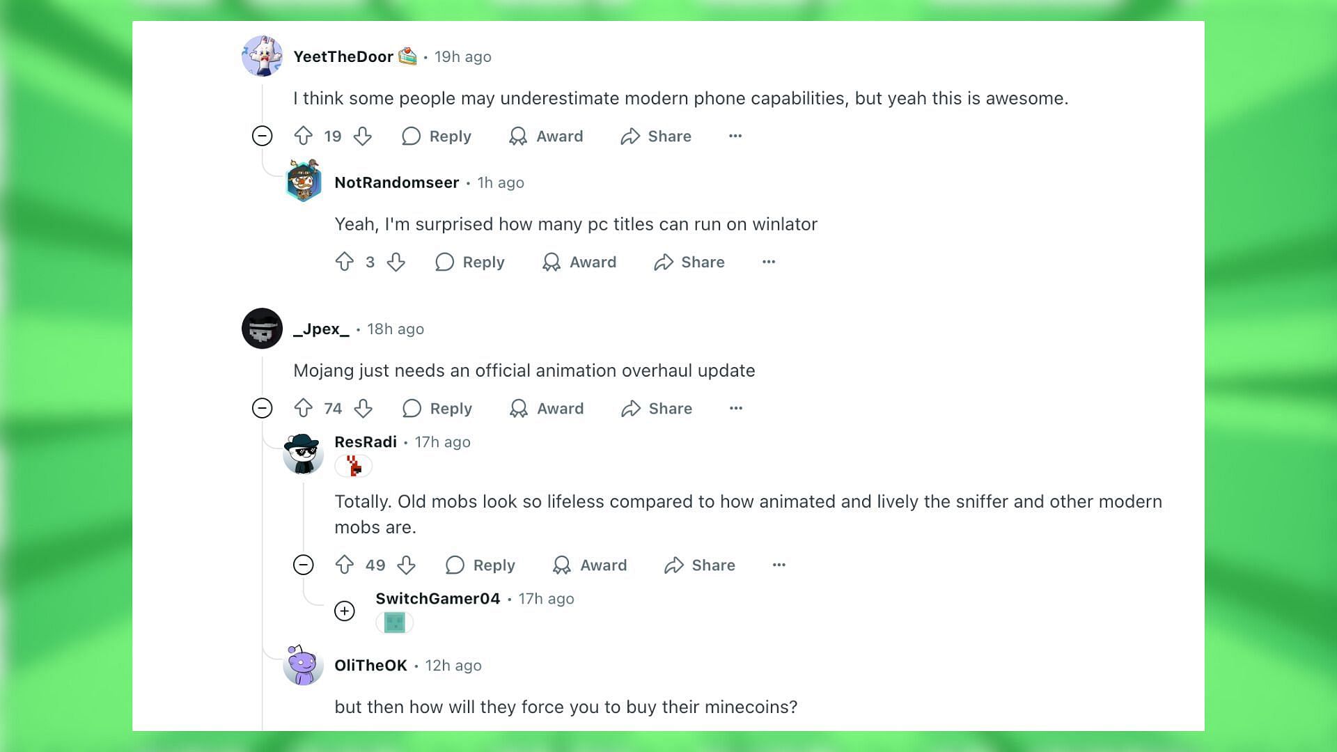Redditors react to the Minecraft mobile gameplay (Image via Reddit)