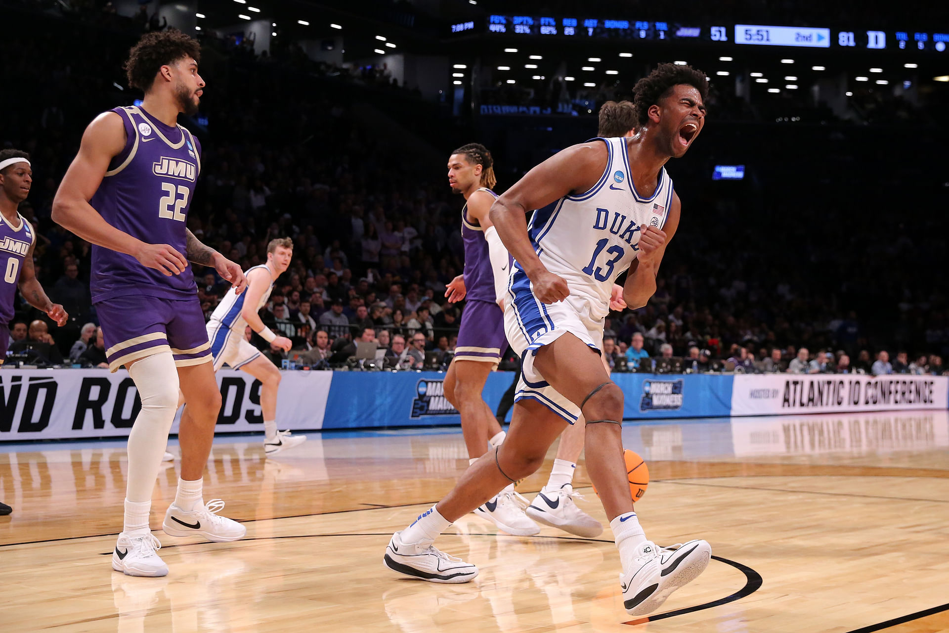 Duke Blue Devils forward Sean Stewart (13) reacts during the second-round game against James Madison in the 2024 NCAA Tournament at Barclays Center. Photo: Imagn