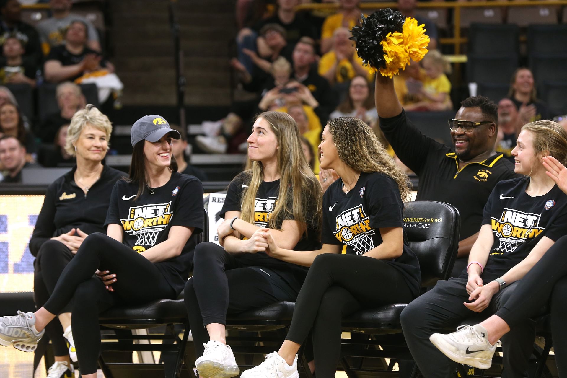 Iowa&rsquo;s Caitlin Clark (left), Kate Martin (center) and Gabbie Marshall react during a celebration of the Iowa women&rsquo;s basketball team on April 10, 2024 at Carver-Hawkeye Arena in Iowa City, Iowa. Photo: Imagn