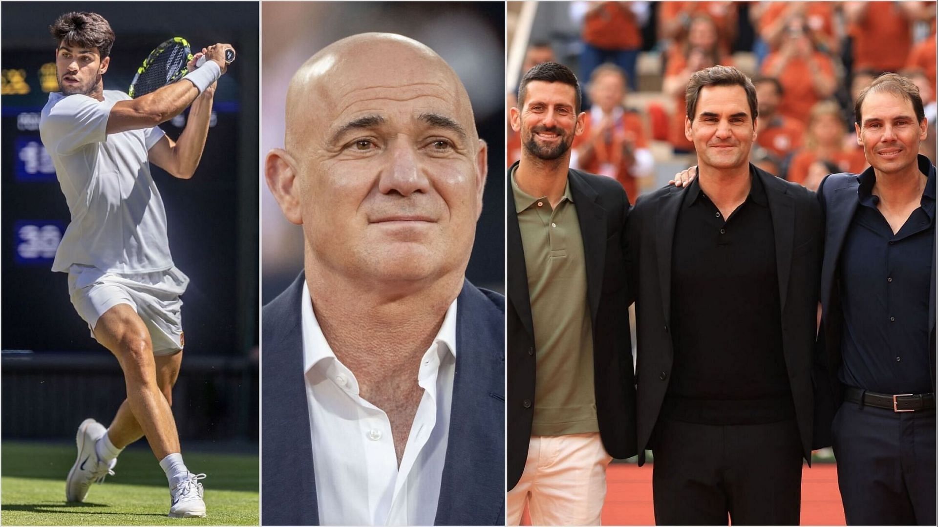 Carlos Alcaraz, Andre Agassi, Roger Federer, Novak Djokovic and Rafael Nadal