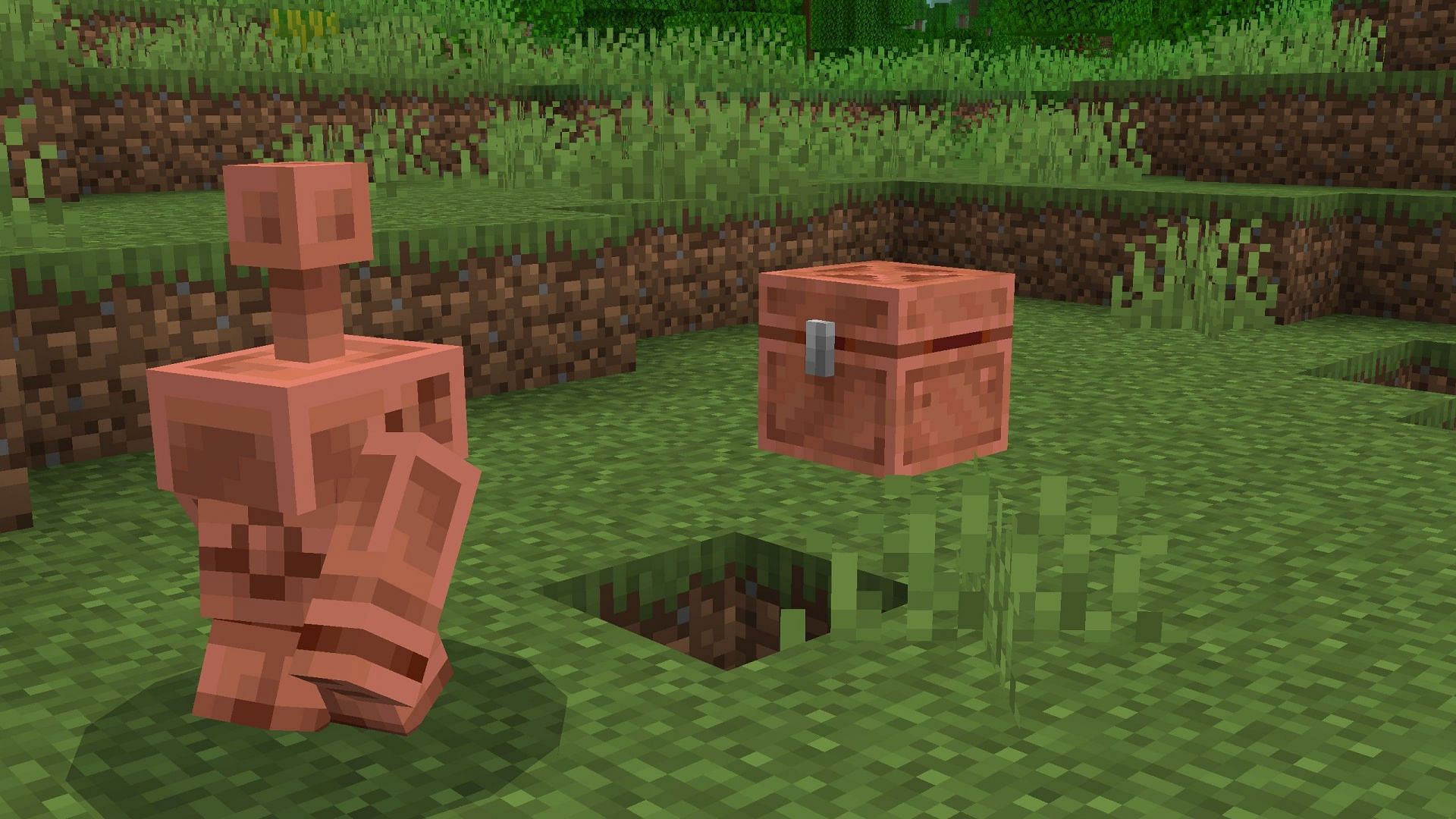 Copper golem going towards a copper chest to check whether it has any items that need sorting (Image via Sportskeeda Gaming || Mojang Studios)