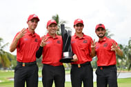 Fireballs GC players Sergio Garcia, Abraham Ancer, Luis Masaveu, and David Puig celebrate winning the team trophy after LIV Golf Singapore /Source: Imagn