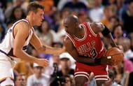 Phoenix Suns guard Dan Majerle defends Chicago Bulls guard Michael Jordan during Game 1 of the 1993 NBA Finals. Photo: Imagn