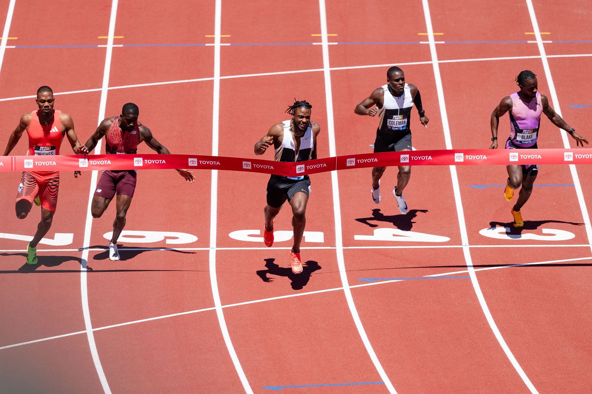 Kishane Thompson winning the Prefontaine Classic Men&#039;s 100m event [Image Source: Getty]