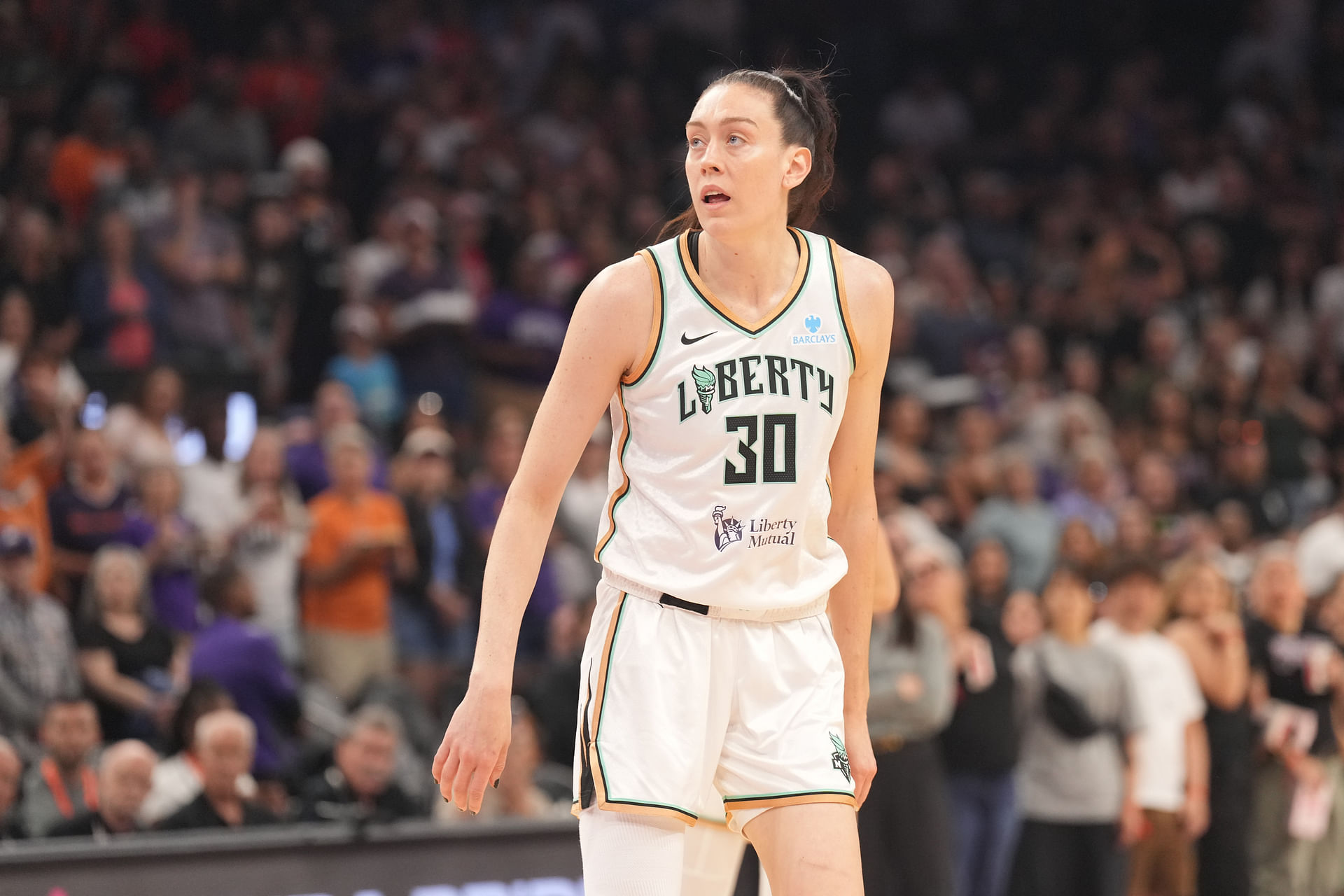 Jun 27, 2025; Phoenix, Arizona, USA; New York Liberty forward Breanna Stewart (30) looks on against the Phoenix Mercury during the first half at Footprint Center. Mandatory Credit: Joe Camporeale-Imagn Images - Source: Imagn