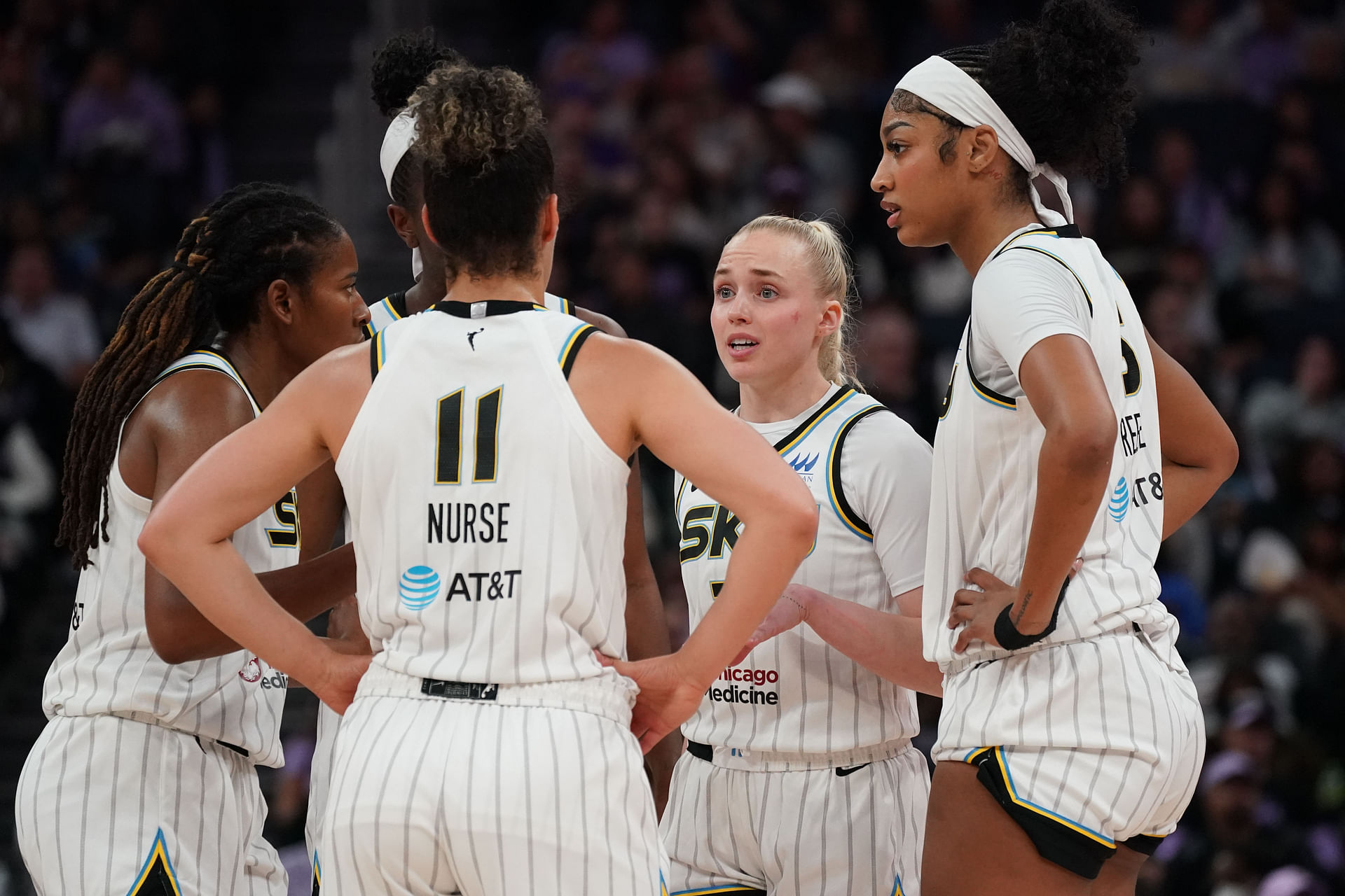 June 27, 2025; San Francisco, California, USA; Chicago Sky guard Hailey Van Lith (2) and guard Kia Nurse (11) and forward Angel Reese (5) talk in the huddle in the first quarter against the Golden State Valkyries at Chase Center. Mandatory Credit: David Gonzales-Imagn Images - Source: Imagn