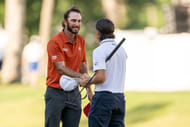 Max Homa shakes hands with Rickie Fowler after the second round of the John Deere Classic golf tournament (Image Source: Imagn)