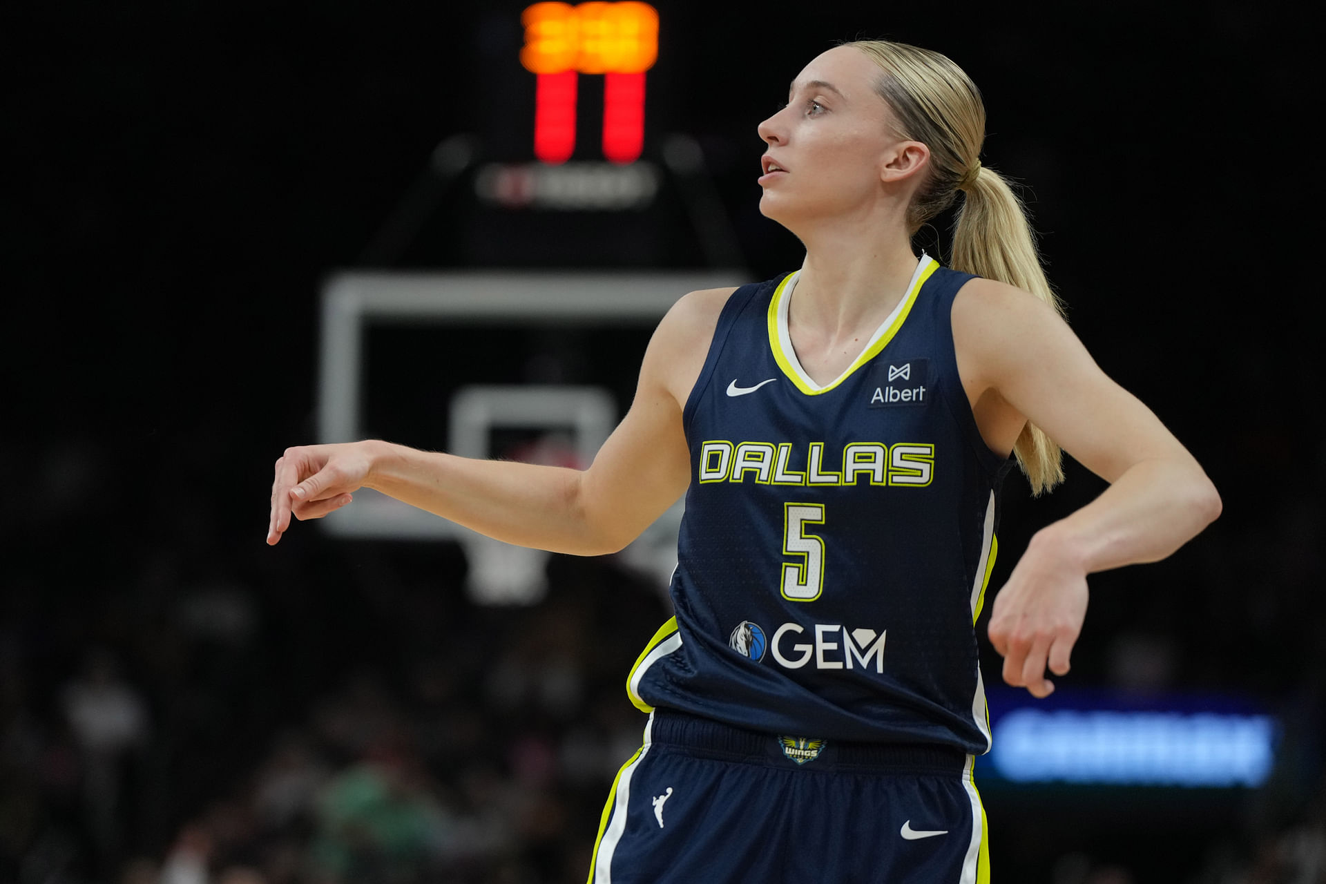 Jul 7, 2025; Phoenix, Arizona, USA; Dallas Wings guard Paige Bueckers (5) shoots against the Phoenix Mercury in the first half at Footprint Center. Mandatory Credit: Rick Scuteri-Imagn Images - Source: Imagn