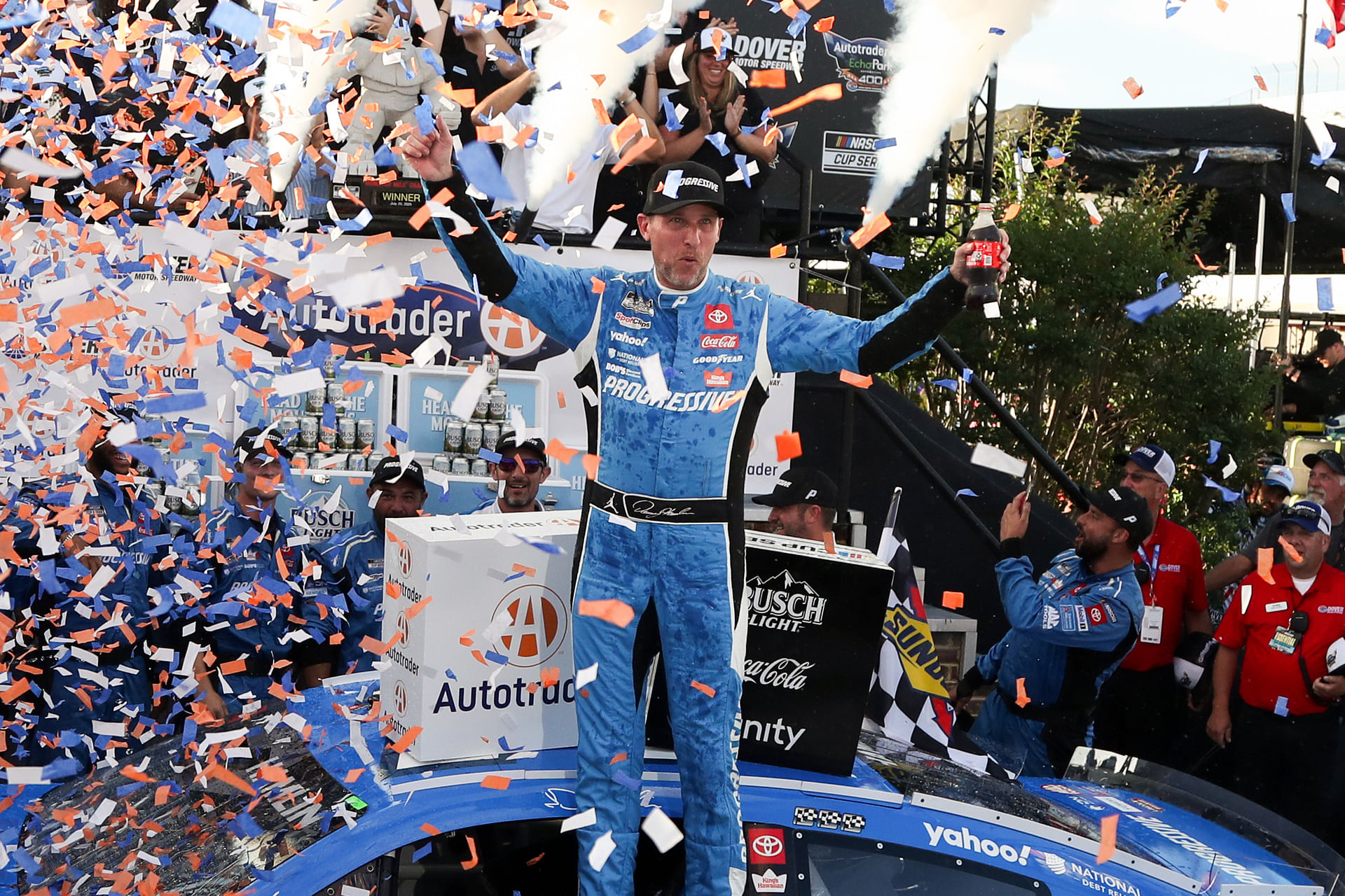 Denny Hamlin celebrates in victory lane after winning the Autotrader EchoPark Automotive 400 at Dover Motor Speedway - Source: Imagn