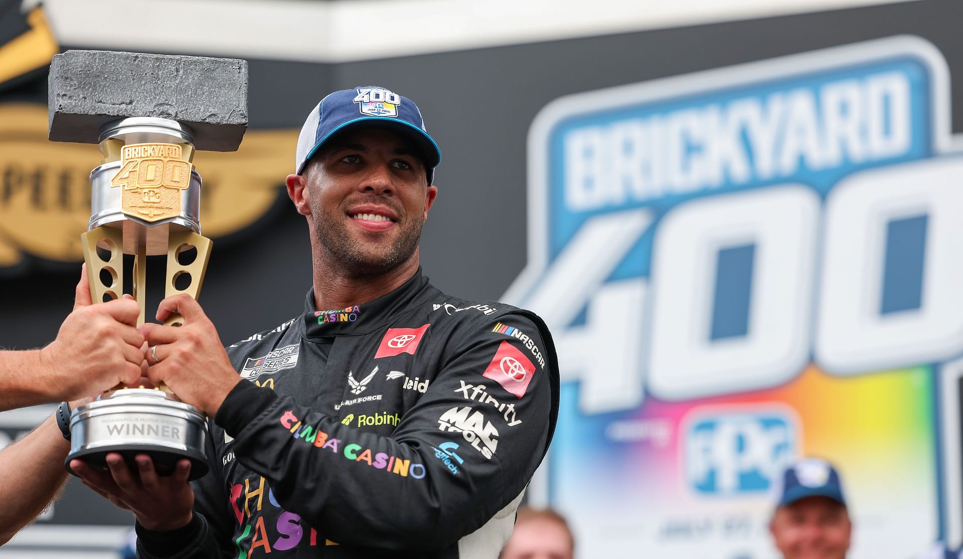 NASCAR Cup Series driver Bubba Wallace (23) celebrates winning the Brickyard 400. Source: Imagn