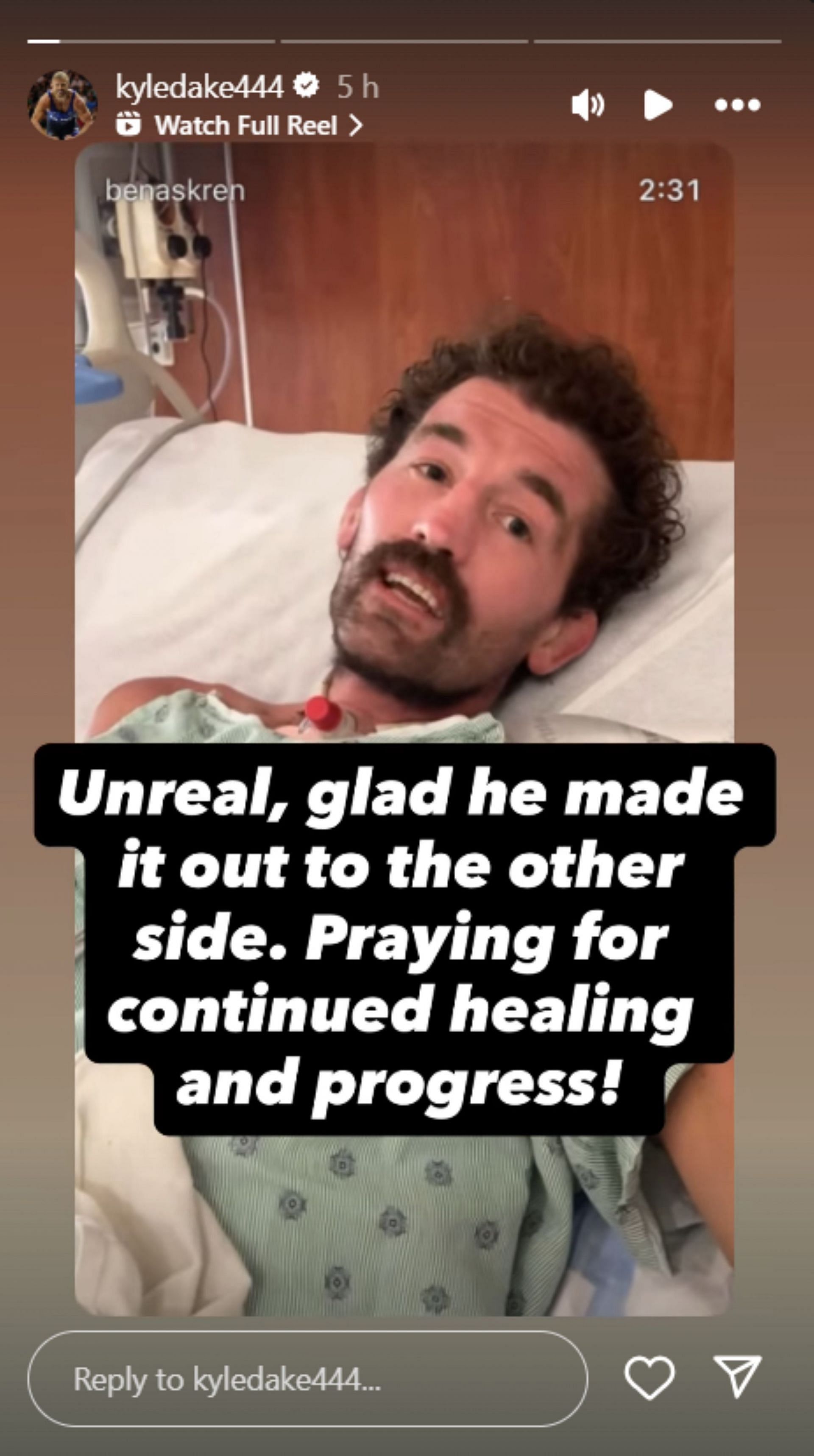 Kyle Dake reacts to Ben Askren&#039;s health update; Instagram - @kyledake44