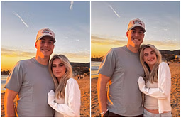Will Howard reacts as GF Skyler Skoglund poses in black during Bahamas getaway