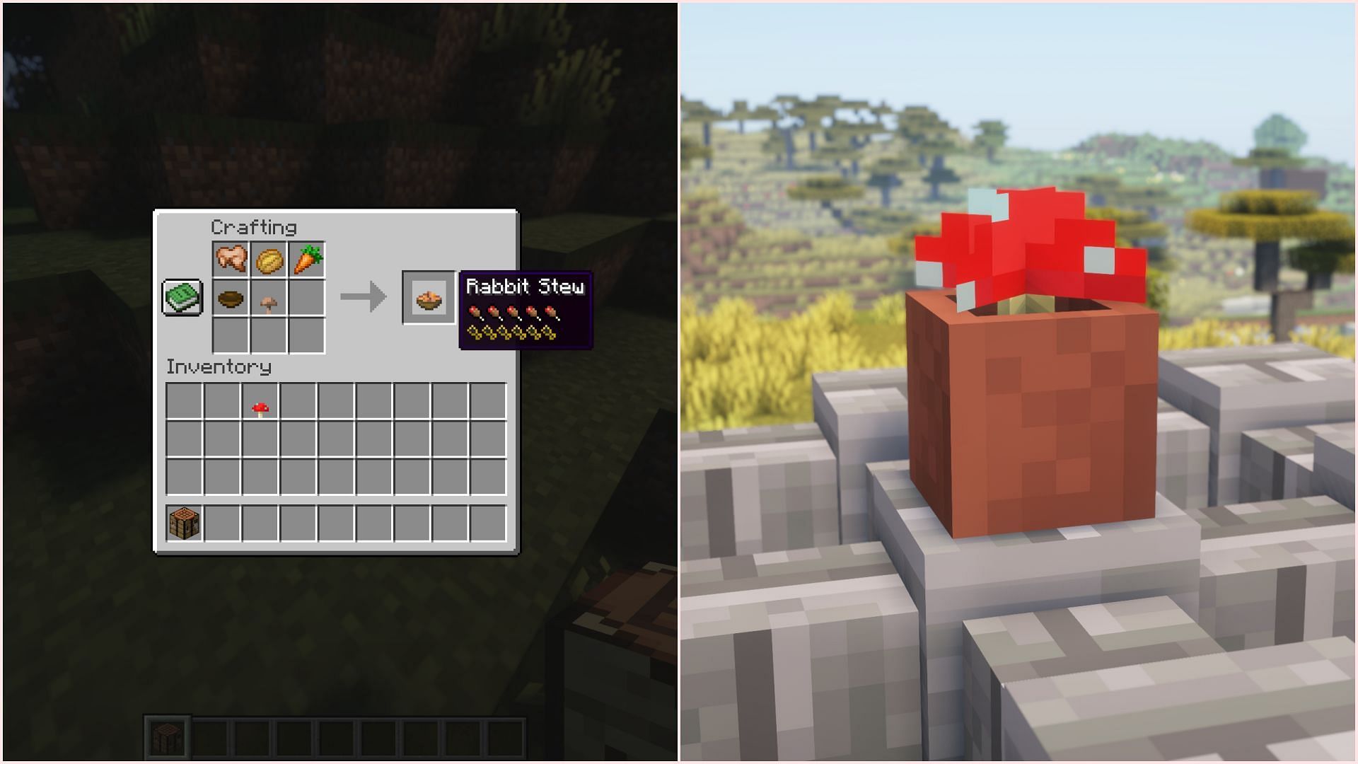 Mushrooms can be used to craft various food items and can be used as decoration (Image via Sportskeeda Gaming || Mojang Studios)