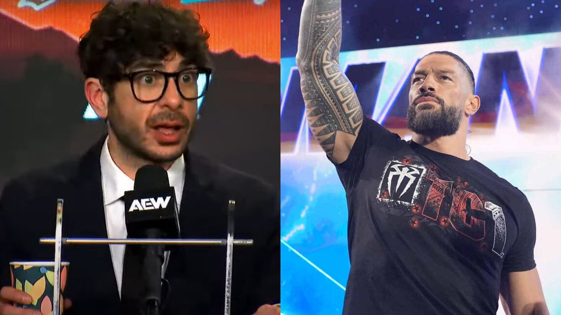 AEW president Tony Khan (left) and Roman Reigns (right). (Image credits: AEW YouTube channel &amp; wwe.com)