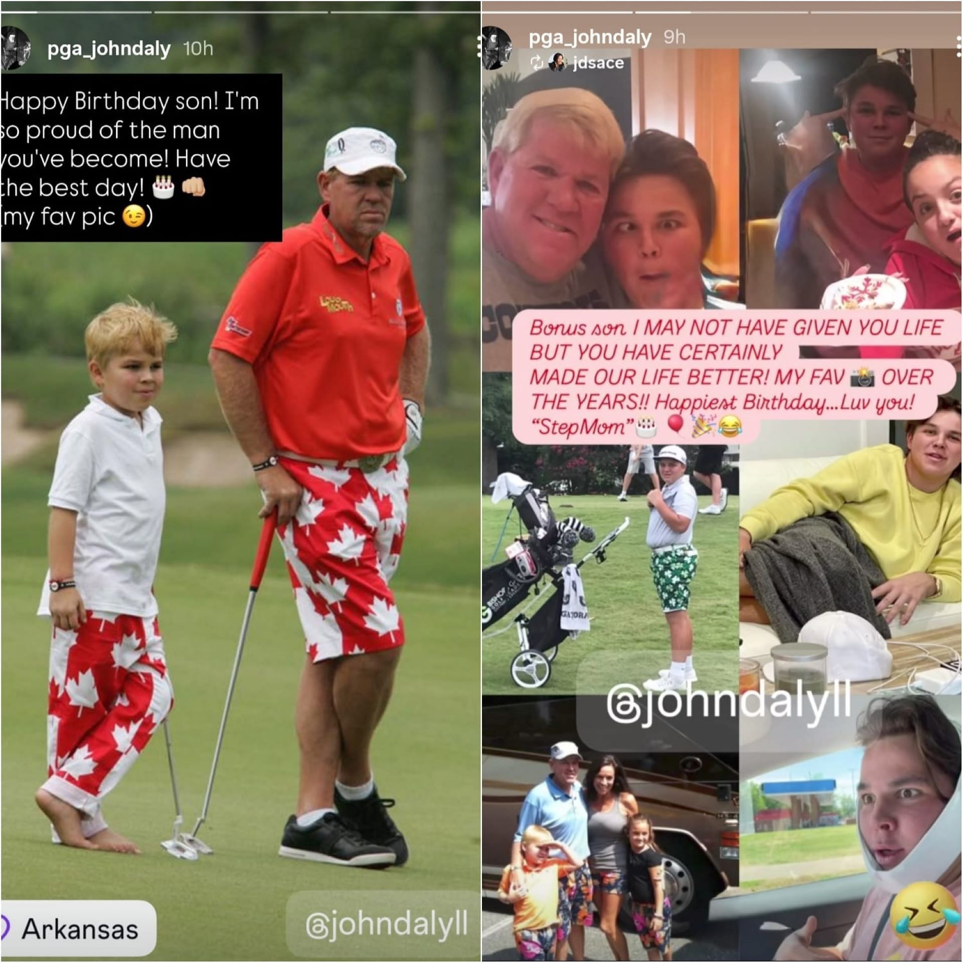 Screenshot of John Daly&rsquo;s Instagram stories: Left: His birthday wish to son Daly II; Right: Areshared tribute from fianc&eacute;e Anna Cladakis (via @pga_johndaly)