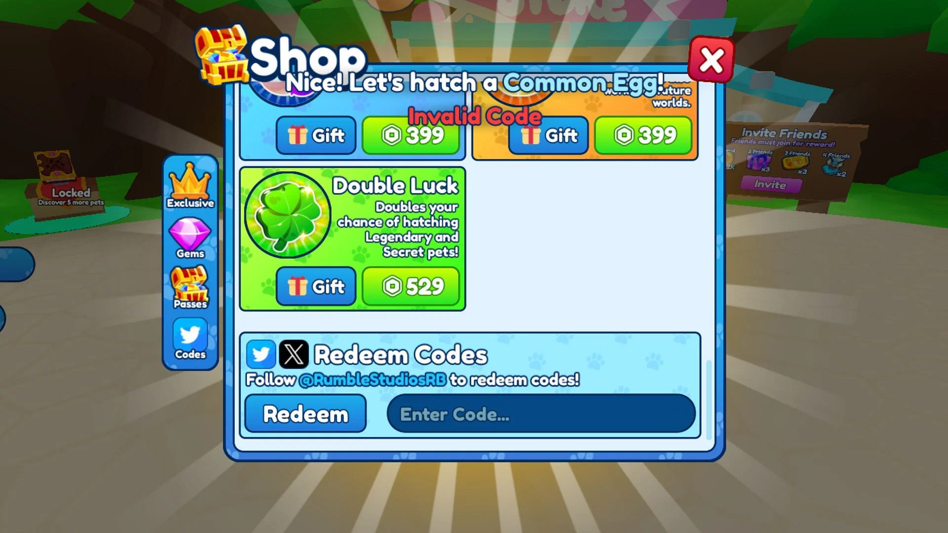 The &quot;Invalid Code&quot; error in Bubble Gum Simulator Infinity (Image via Roblox)