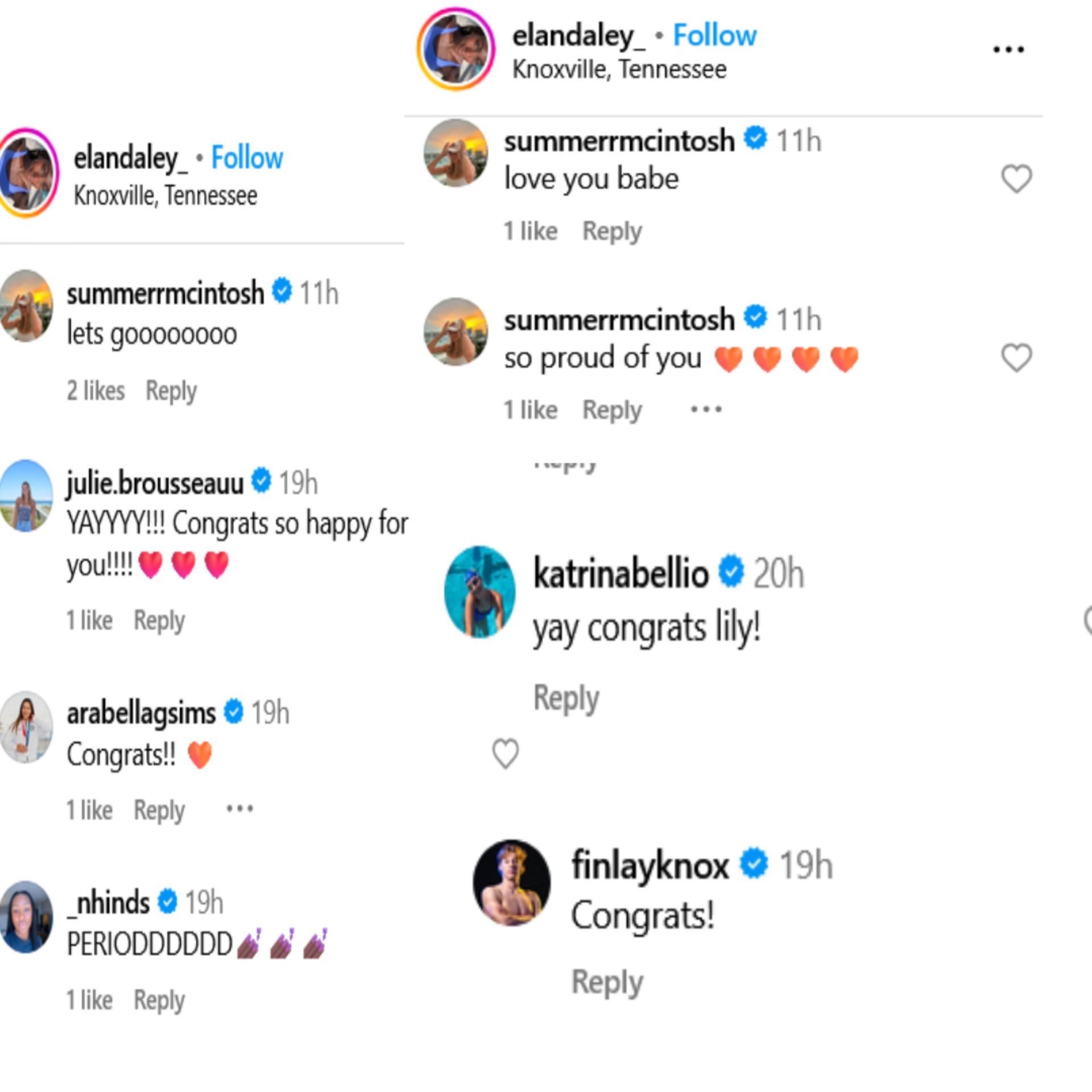 Screenshot of Summer McIntosh and other athletes&rsquo; comments. Credits - IG/ elandaley_