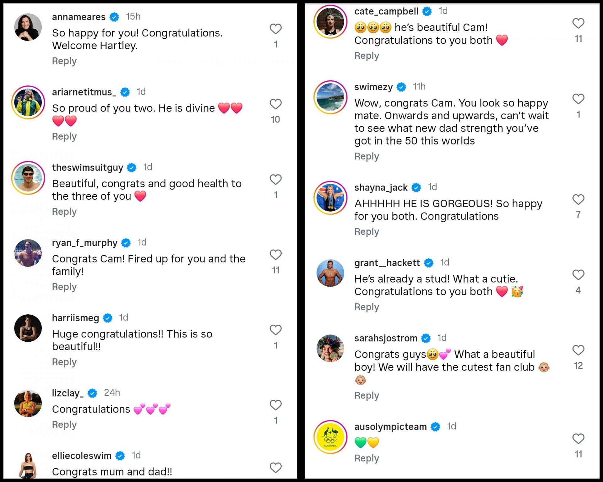 Screenshot of athletes&#039; reactions to Cameron McEvoy&rsquo;s big news. Credits - Instagram/cam_mcevoy