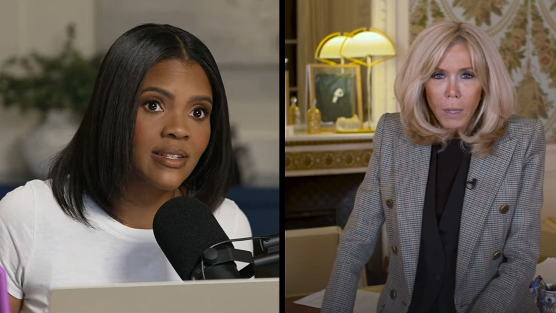 Podcaster Candace Owens and Brigitte Macron (Image via YouTube/ Candace Owens, Emmanuel Macron)