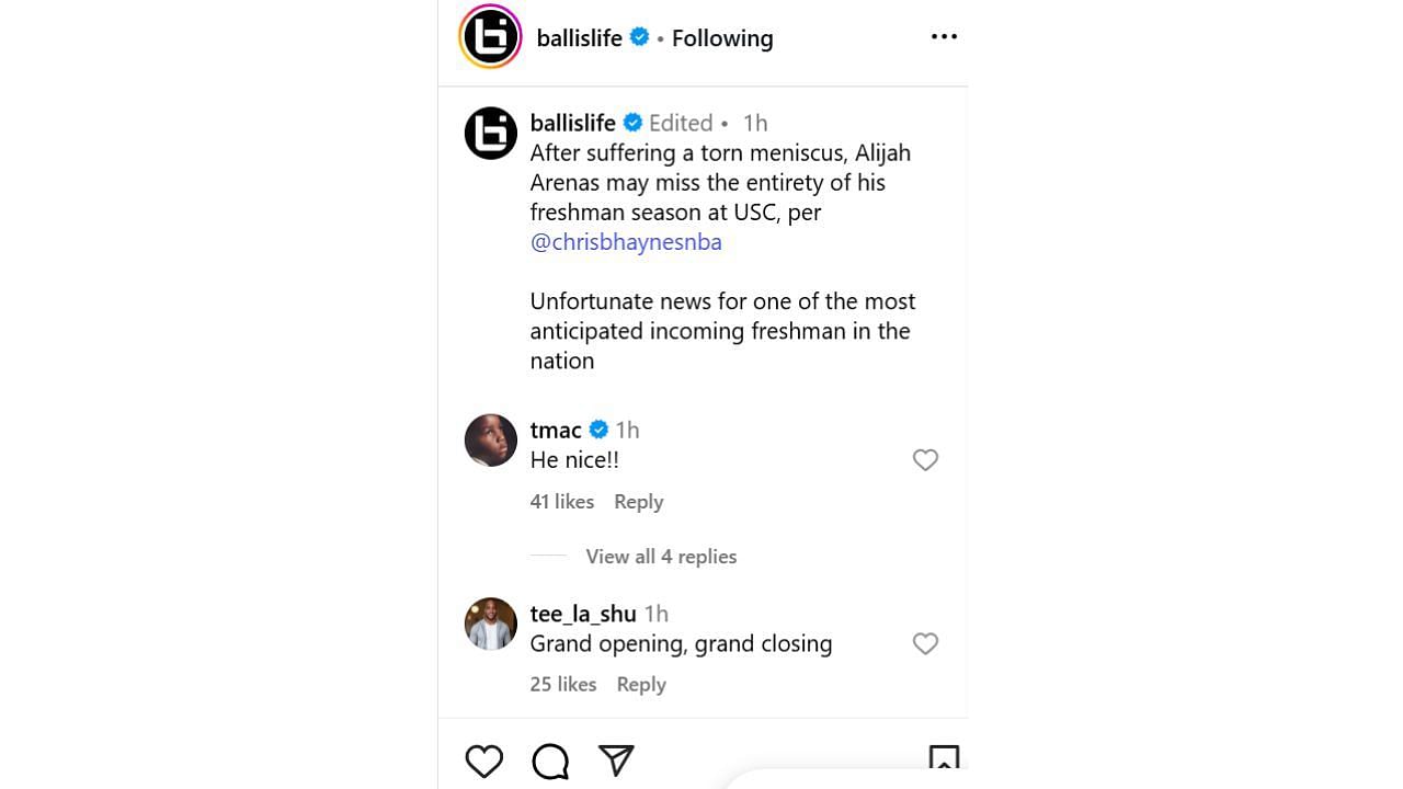 Tracy McGrady reacting to news Wednesday on Instagram that basketball phenom Alijah Arenas suffered a torn meniscus. [photo: @ballislife/IG]