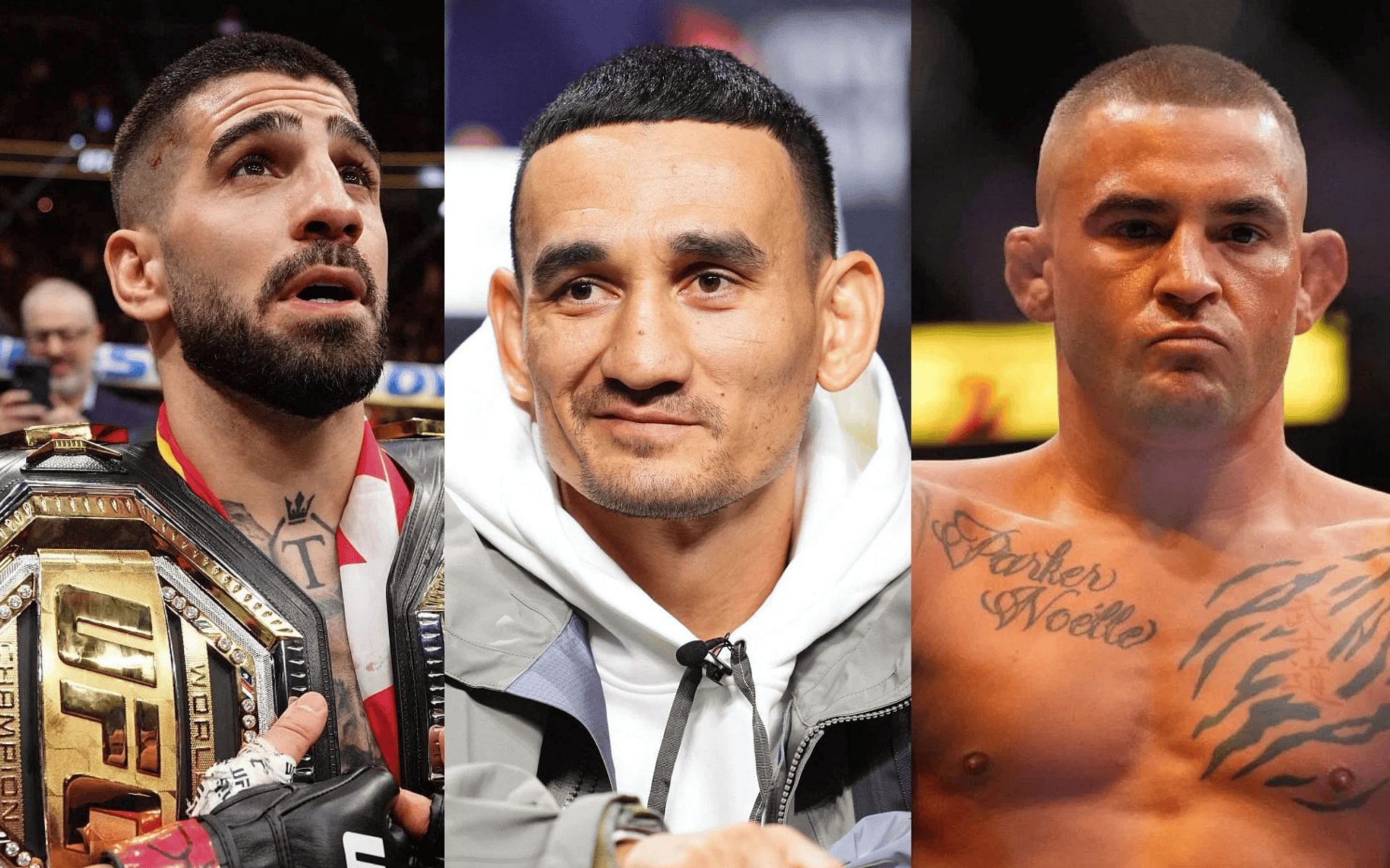 Max Holloway (middle) foresees Ilia Topuria (left) rematch after UFC 318 victory over Dustin Poirier (right). [Images courtesy: Getty]
