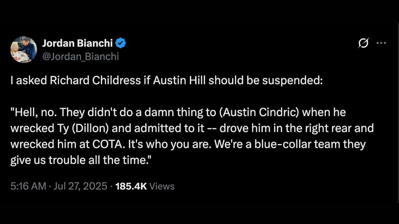 Richard Childress defends Austin Hill. Source: X