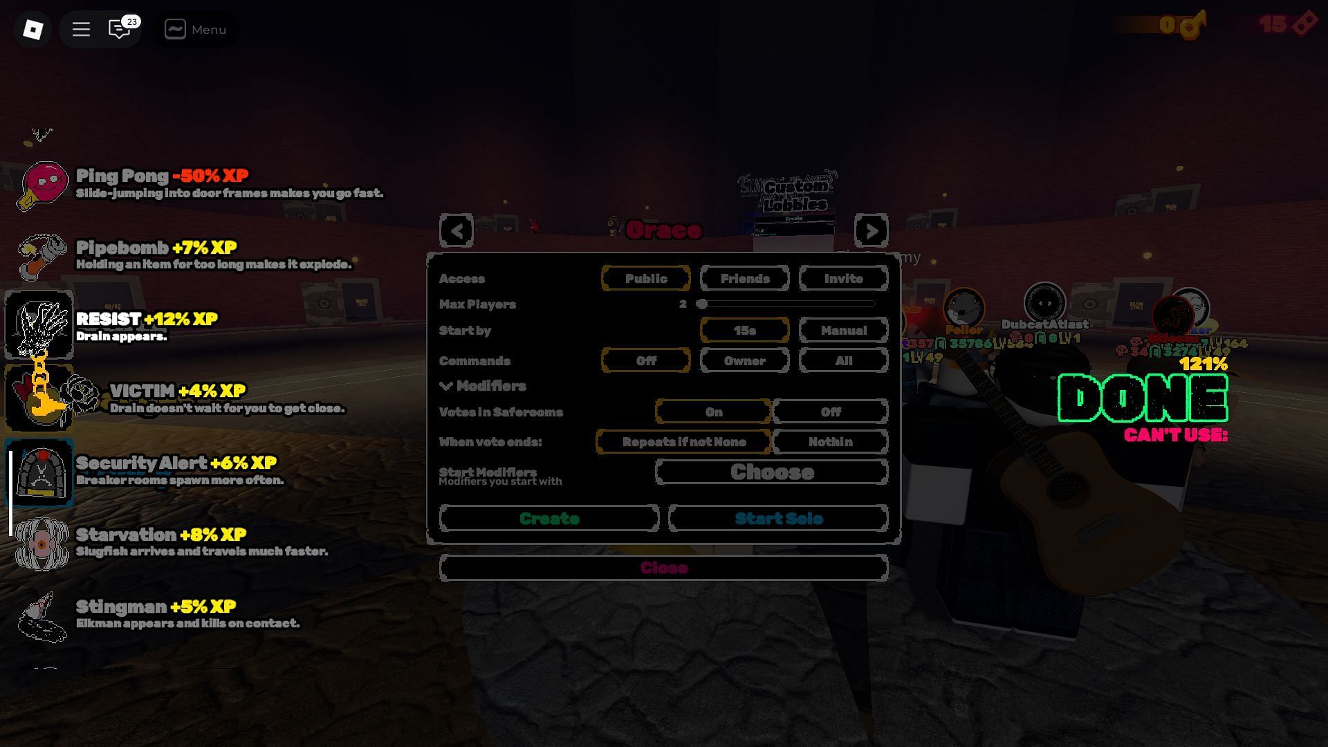 Modifiers screen (Image via Roblox)