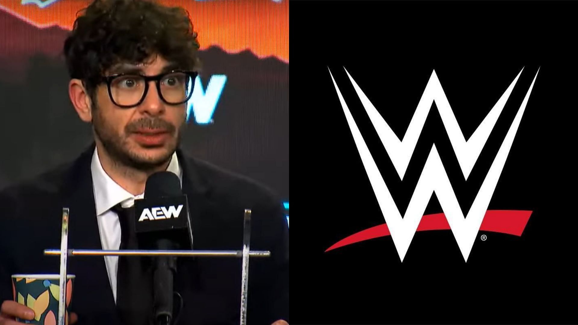 Tony Khan (left) and WWE logo (right). (Image credits: AEW YouTube channel &amp; WWE Facebook page)