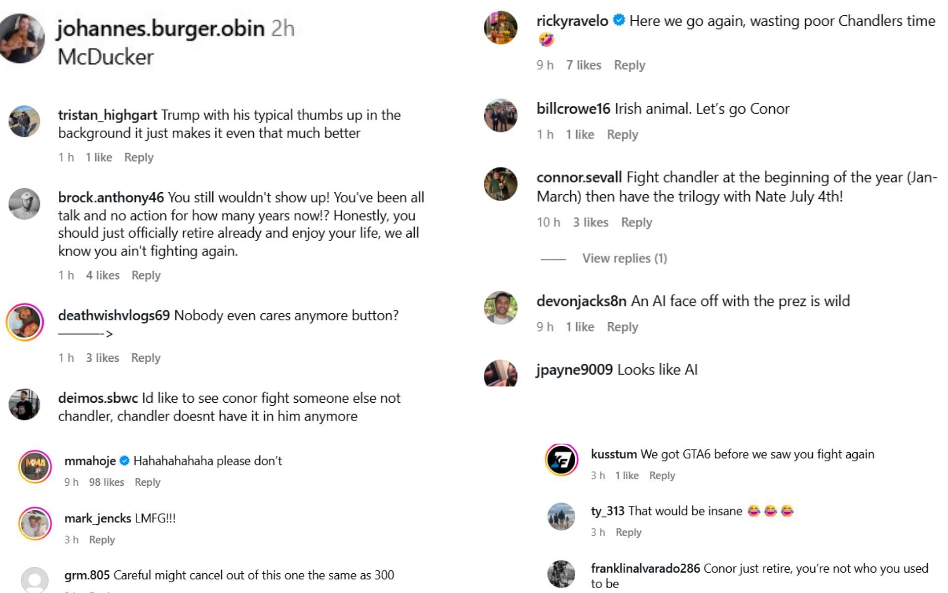 Fans react to Conor McGregor teasing potential Michael Chandler fight in the White House. [Screenshots courtesy: @thenotoriousmma on Instagram]