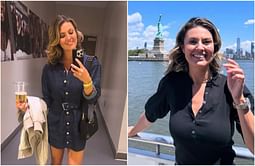 Amanda Balionis styles in a striped top and denim shorts as she goes for a sail