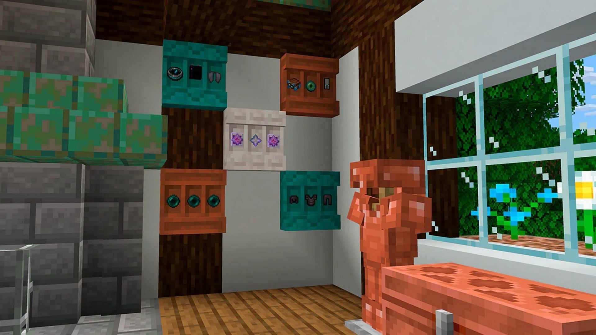 You can stack multiple shelves to create vertical slabs in Minecraft (Image via Mojang Studios)