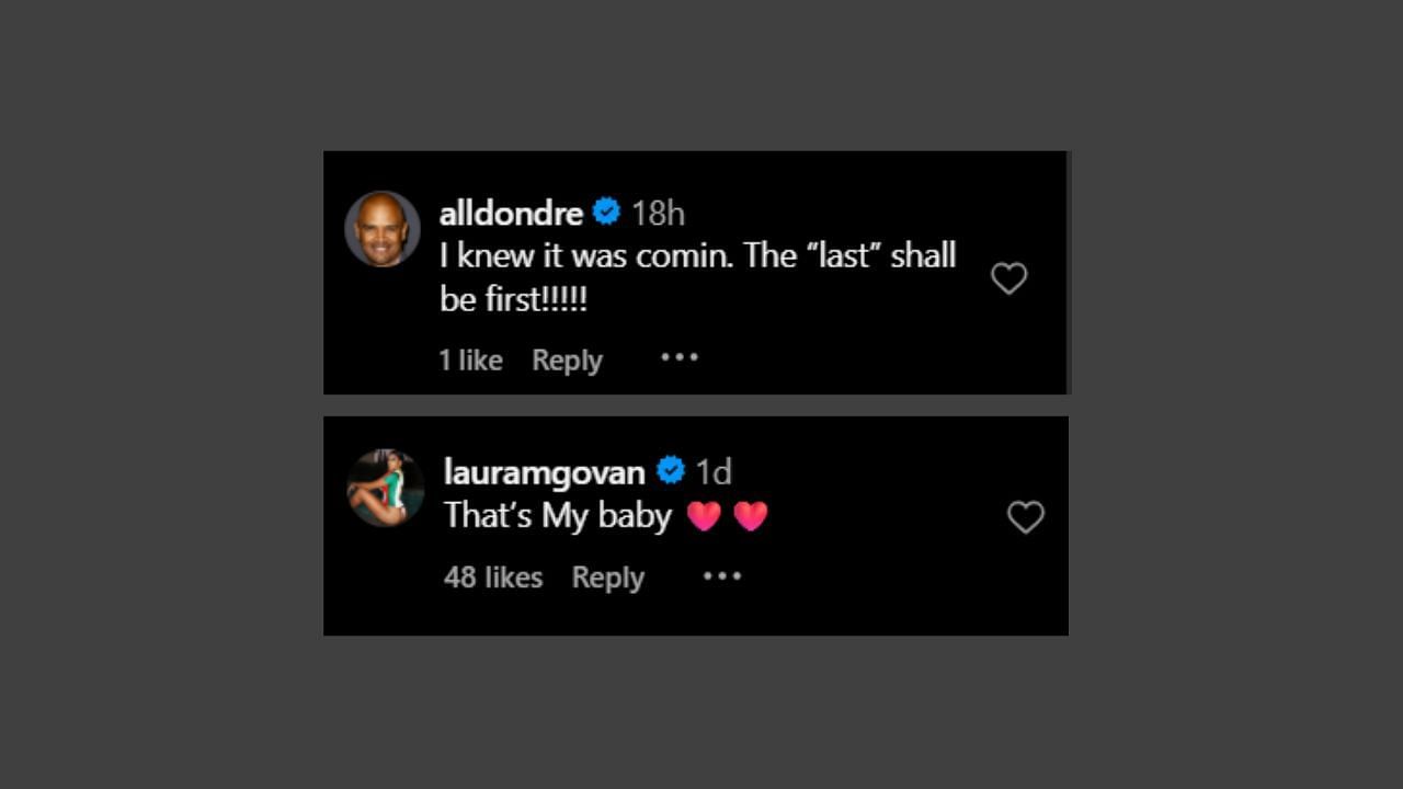 Bronny James&#039; girlfriend&#039;s father and Laura Govan comment on Aloni Arenas&#039; highlight clip. (Credits: @hometeamhoops/Instagram)