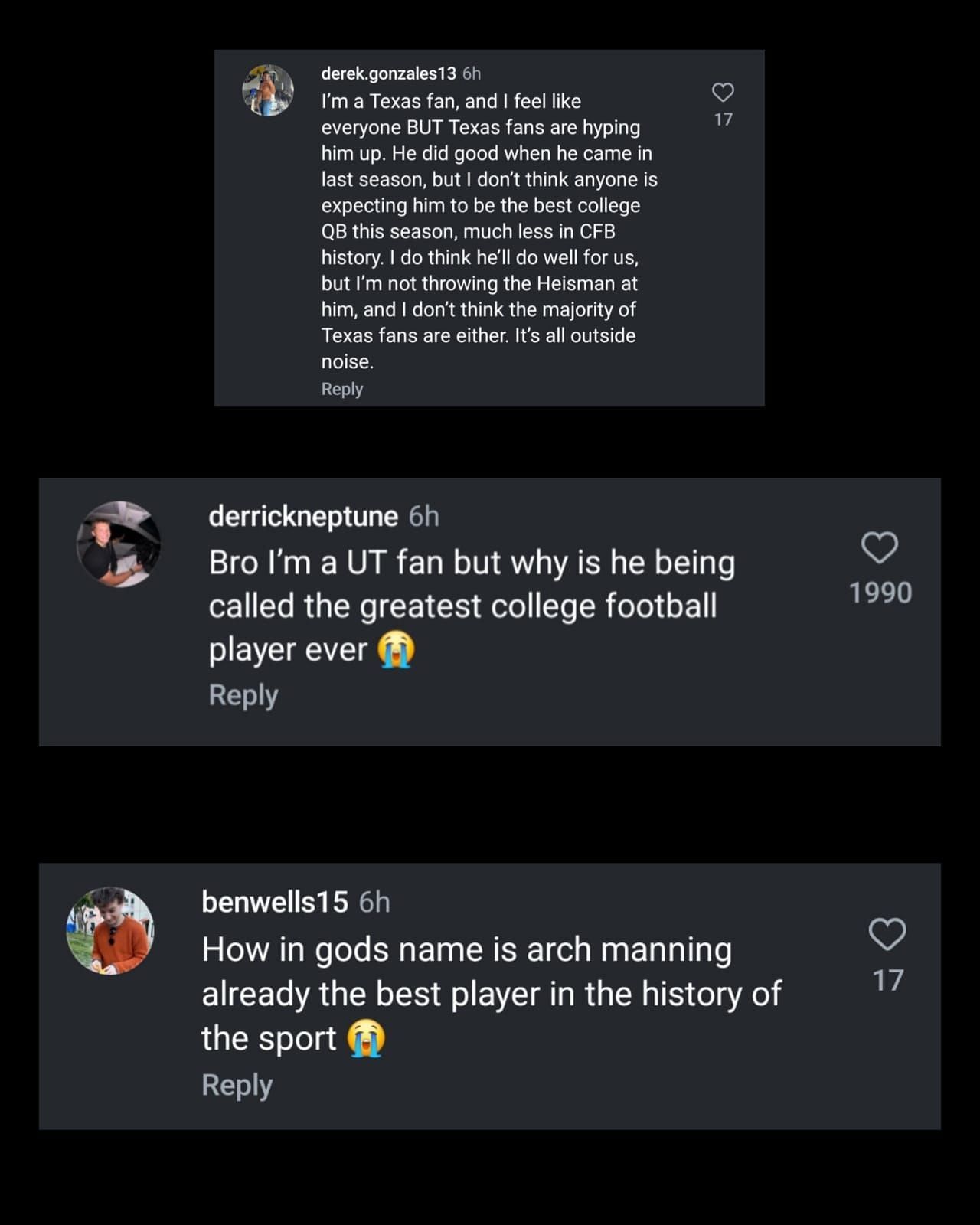Comments underneath @espncfb&#039;s IG post