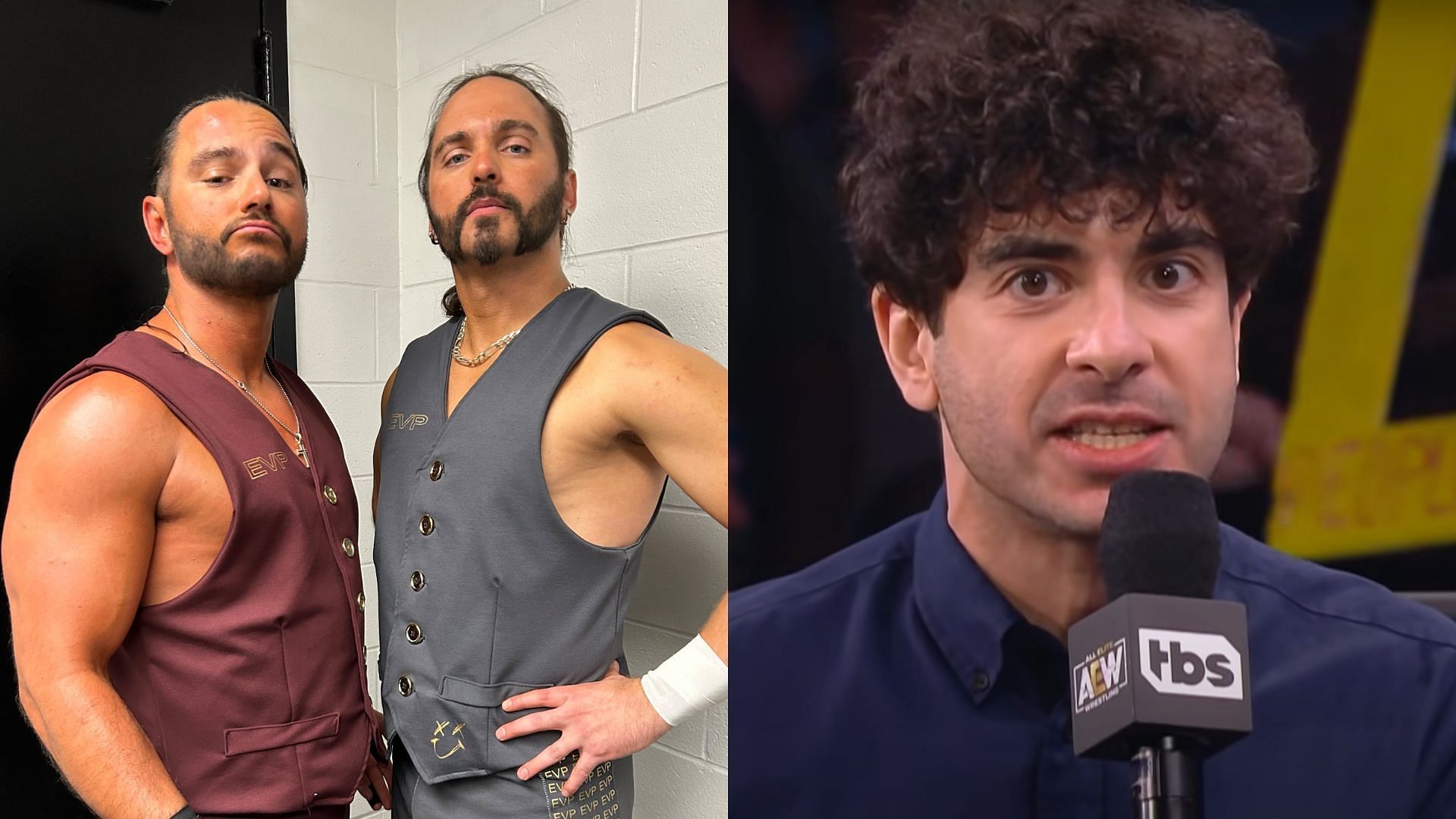 The Young Bucks (left) and AEW president Tony Khan (right). (Image credits: Young Bucks Twitter page &amp; AEW YouTube channel)