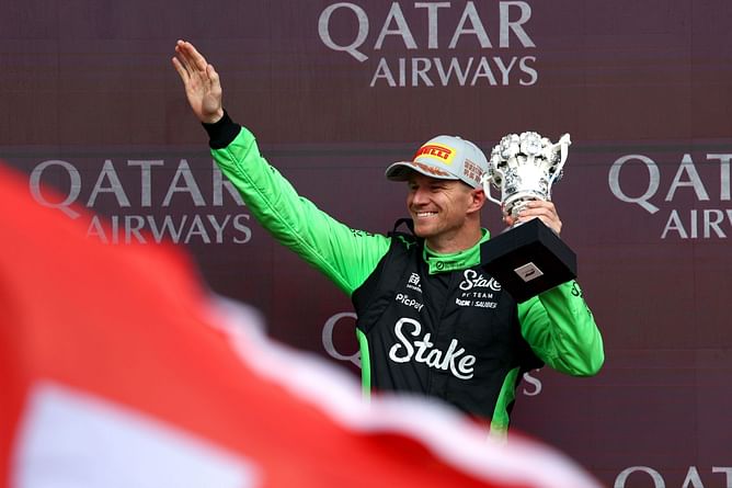 Nico Hulkenberg reacts to scoring his first F1 podium at the British GP