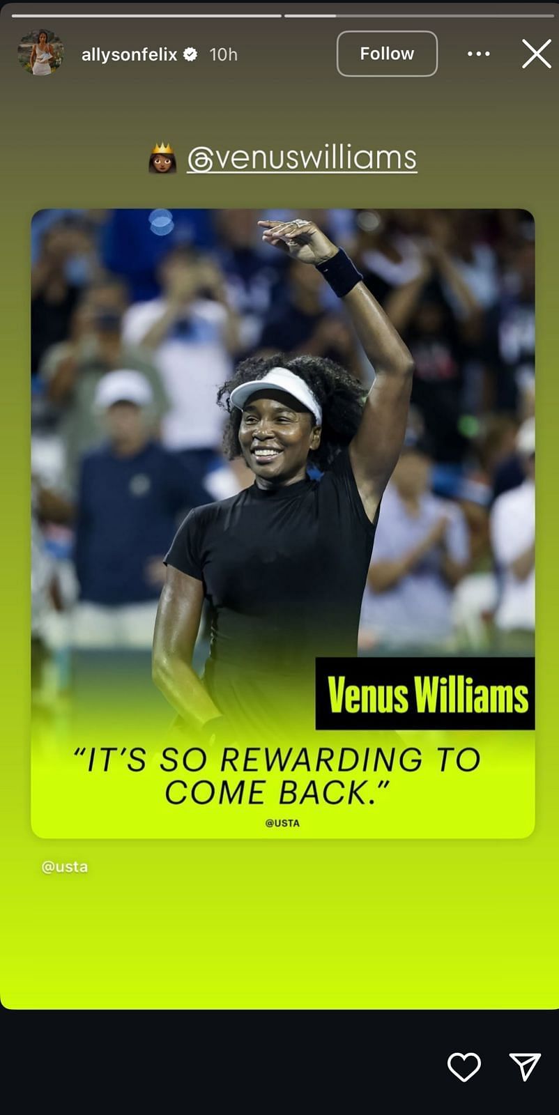 Still taken from Felix&#039;s Instagram (Source: @allysonfelix/Instagram)
