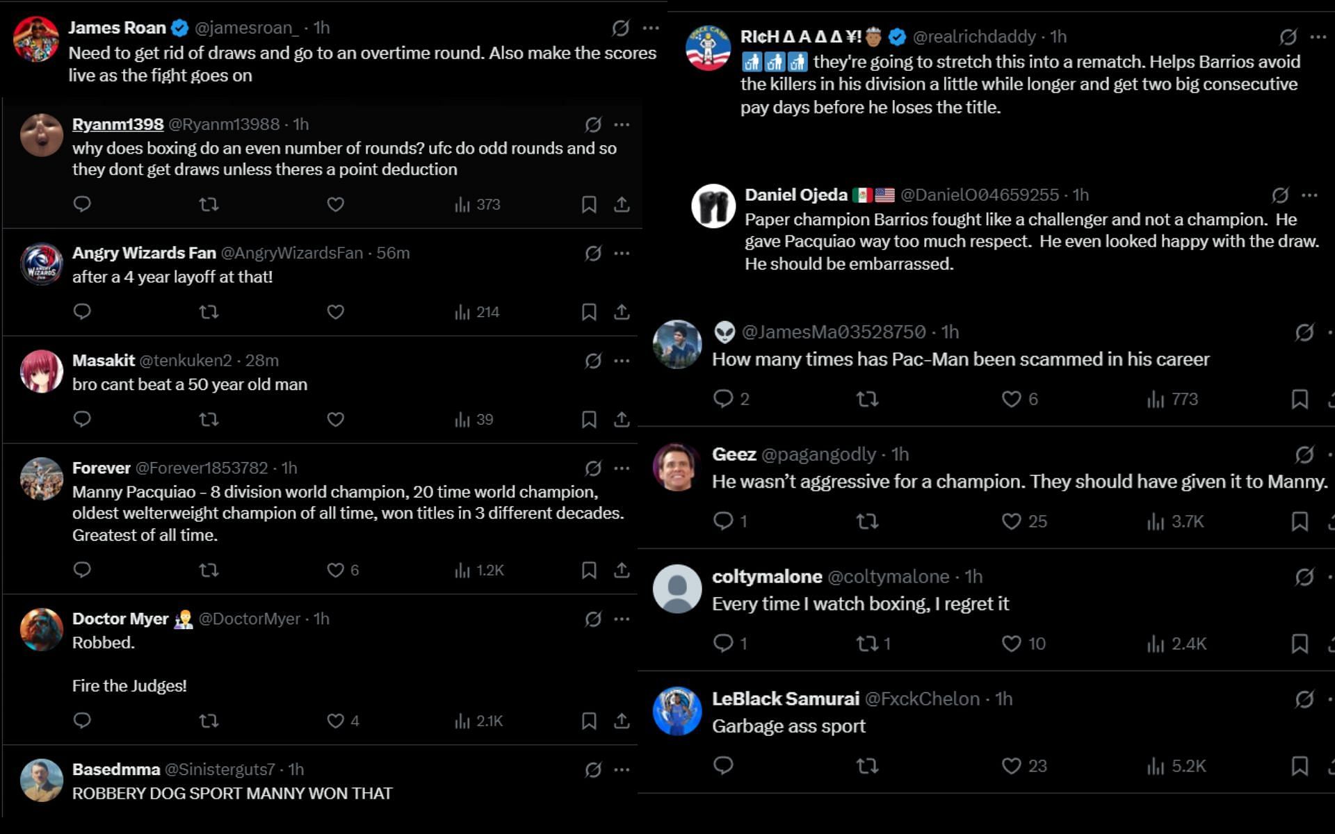 Fans react to Mario Barrios vs. Manny Pacquiao being scored a majority draw. [Screenshots courtesy: Fan accounts on X]