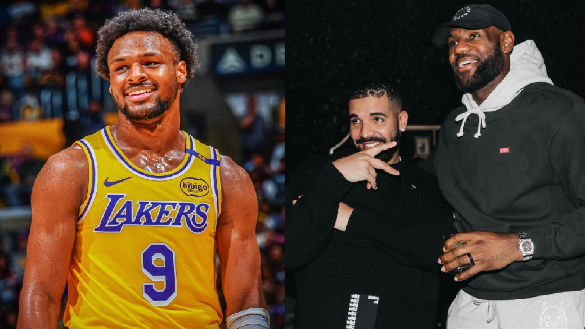 An image of Bronny James, Drake, and LeBron James