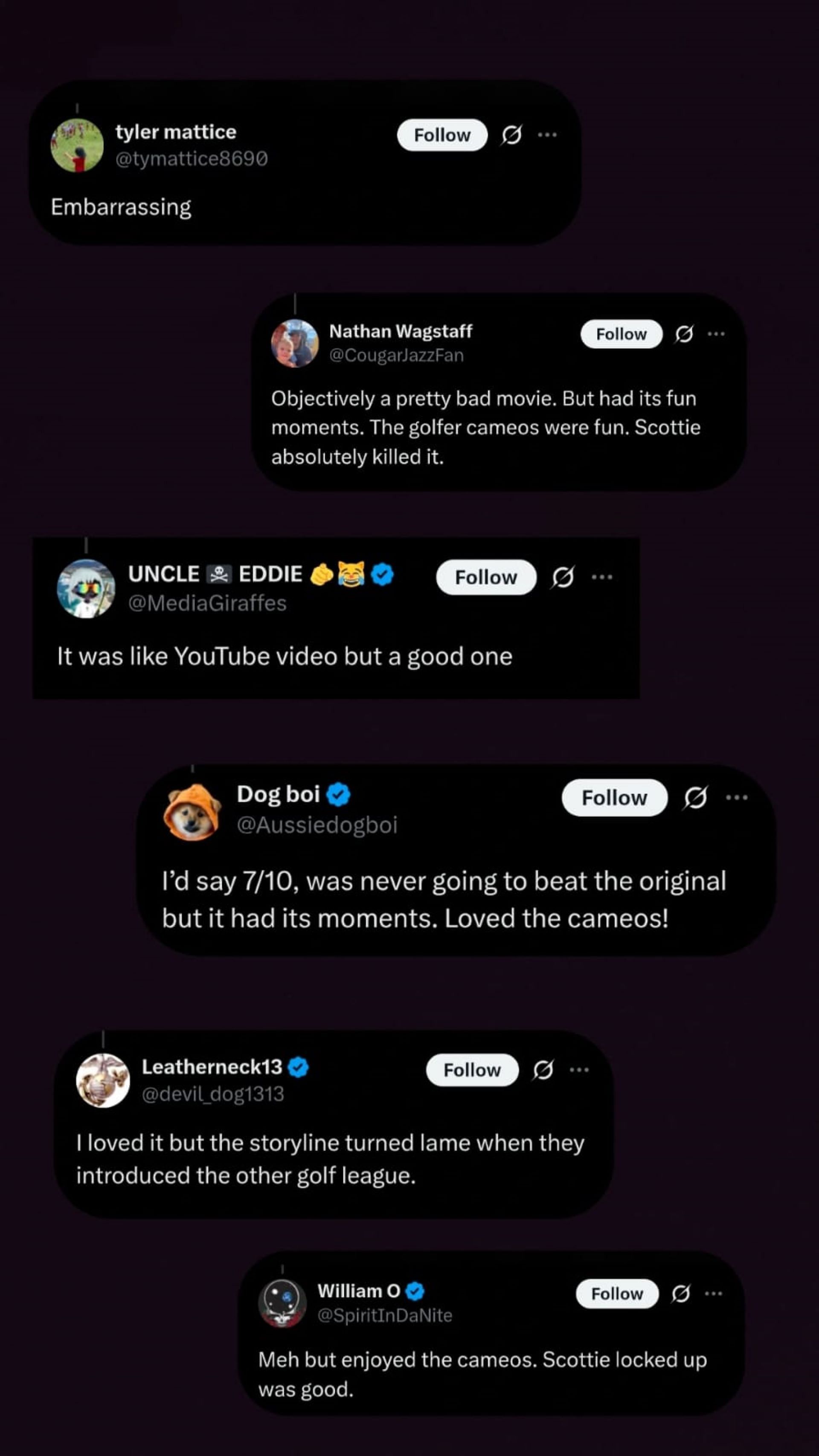 Screenshot of fan reactions to NUCLR Golf&rsquo;s post on Happy Gilmore 2