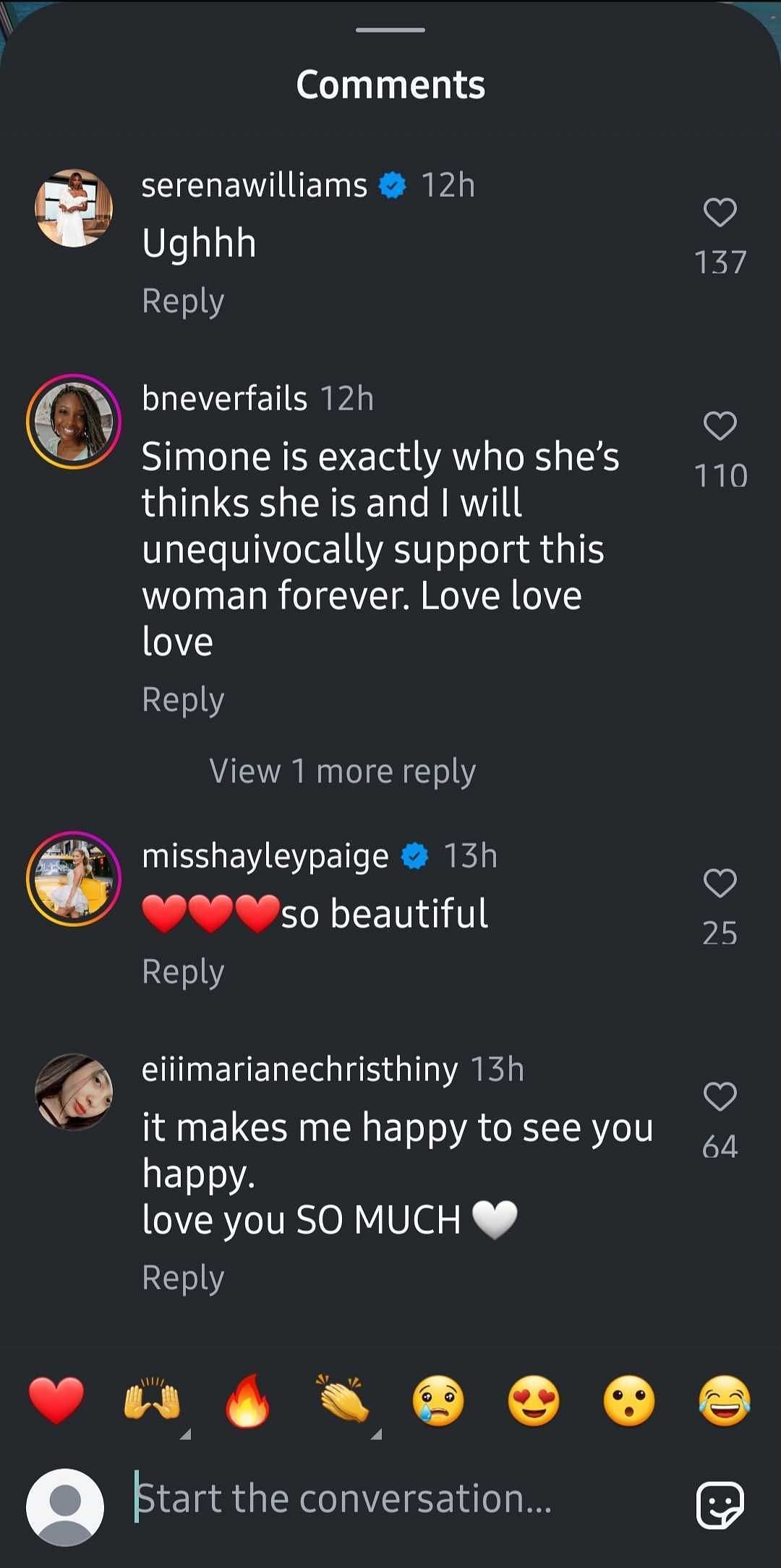 Williams&#039; comment on Biles&#039; pictures on Instagram from the latter&#039;s British Virgin Islands vacation (Source: Instagram/simonebiles)