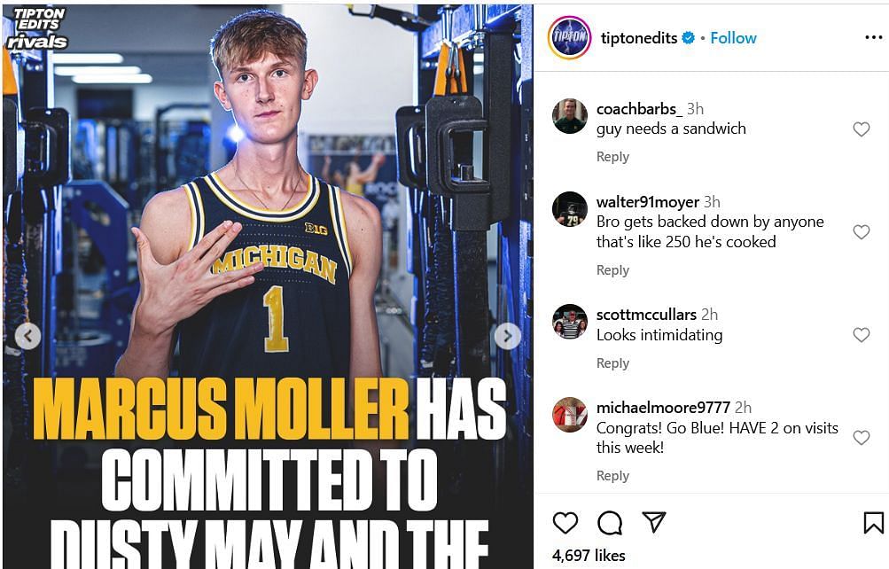 College hoops fans react to Marcus M&ouml;ller joining Michigan on IG. Image via @tiptonedits