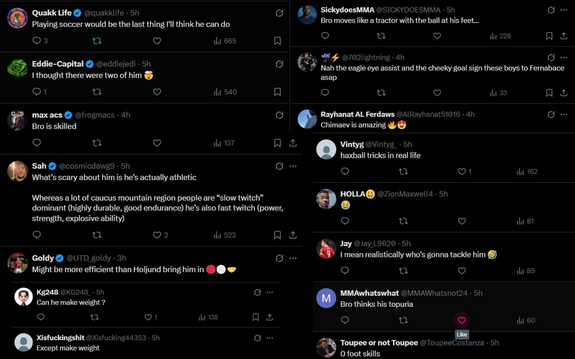 Fans react to Khamzat Chimaev&#039;s football skills. [Screenshots courtesy: @espnmma on X]